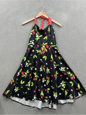 H&R Women’s 16 Halter Dress Black Cherries Retro 50's Style Rockabilly
